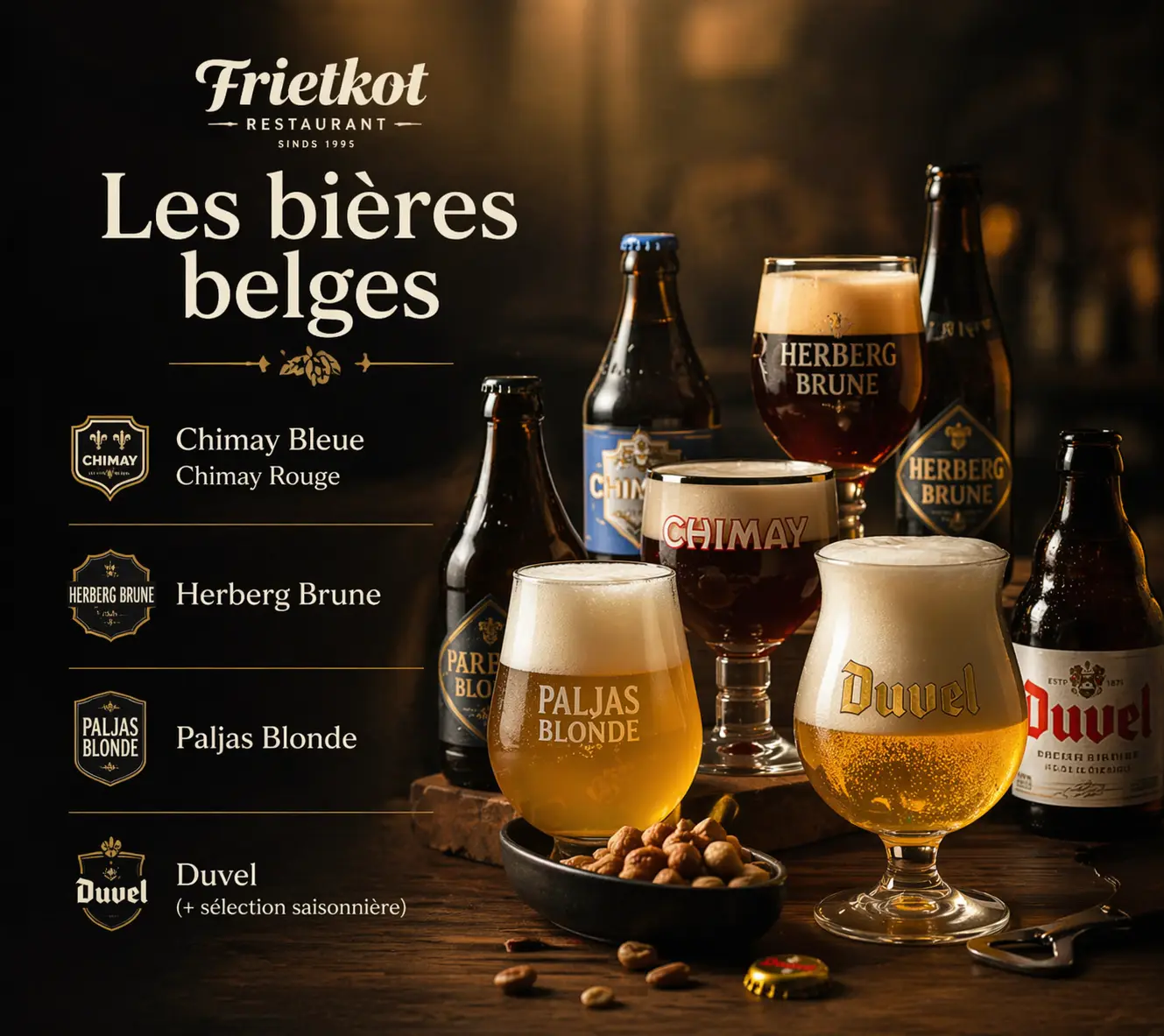 Sélection de bières belges chez Frietkot à Bourg-Argental — Chimay, Duvel, Paljas, Herberg et bouteilles artisanales au comptoir