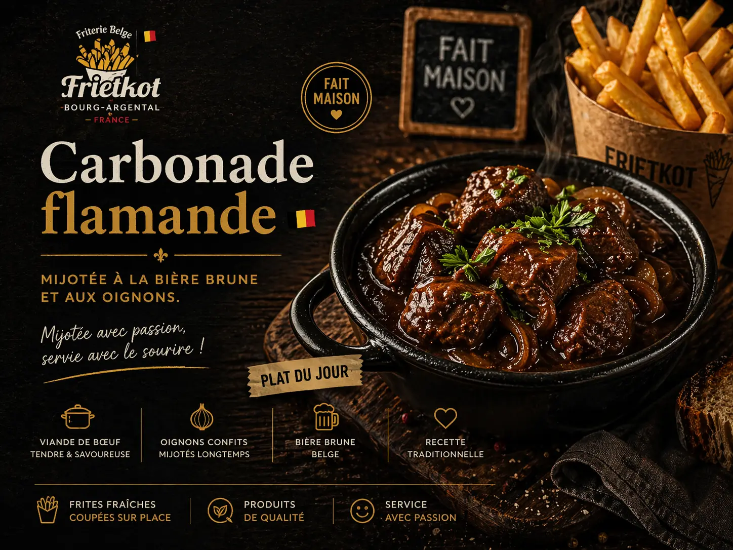 Carbonade flamande à la bière brune, mijotée lentement, servie chez Frietkot à Bourg-Argental avec frites belges croustillantes