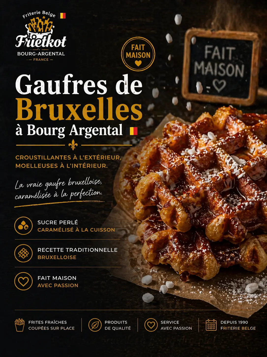 Gaufres de Bruxelles caramélisées et douceurs belges proposées chez Frietkot à Bourg-Argental — sucre perlé, texture gourmande