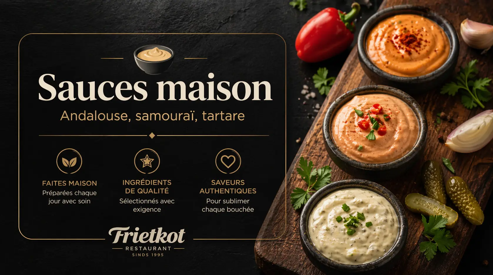 Sauces artisanales et friterie belge chez Frietkot à Bourg-Argental — mises en scène généreuse des accompagnements faits chaque matin